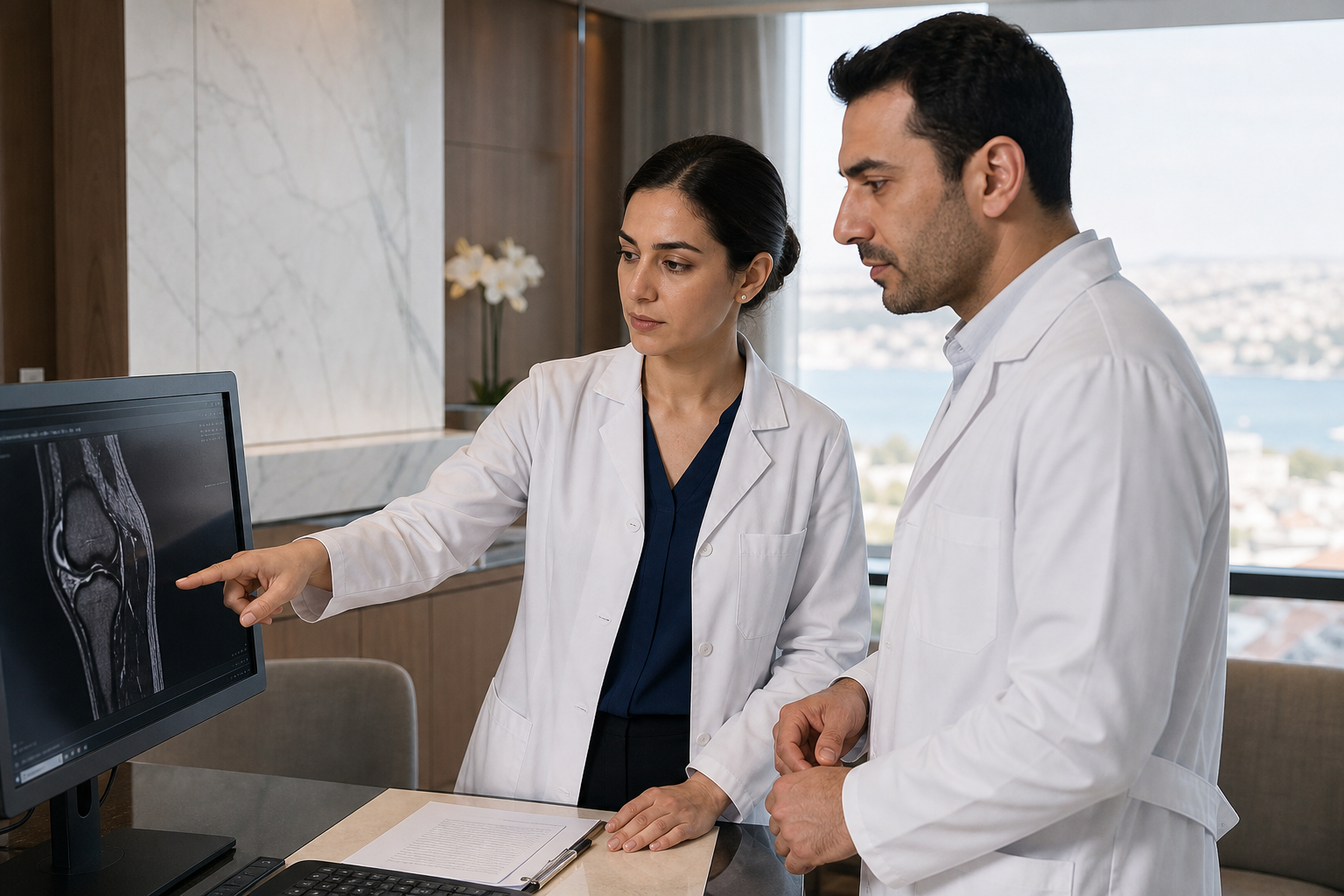 Two doctors reviewing a scan in an Istanbul clinic consultation